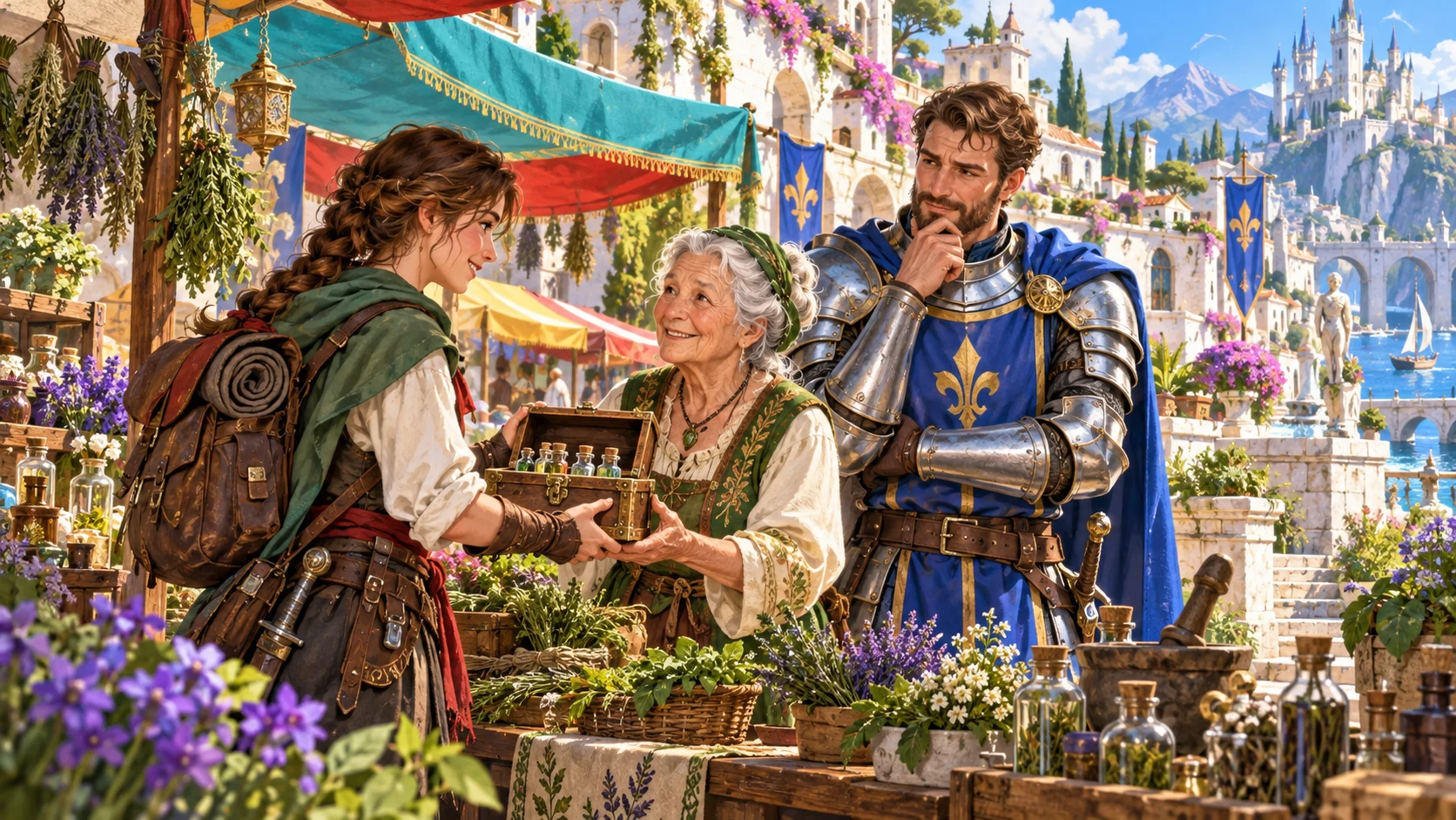 An illustrated market trader receives an open box from an adventurer while a blue-armoured guard observes beside them.
