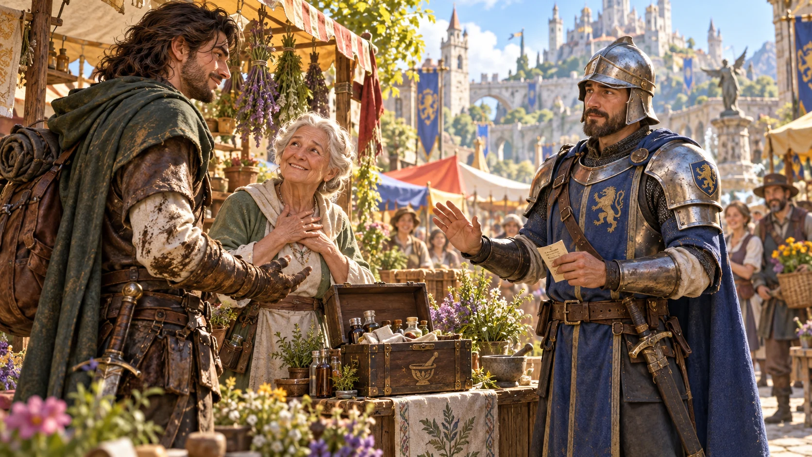 An illustrated armoured guard raises a hand and holds a note beside an adventurer, trader and open box in a market.