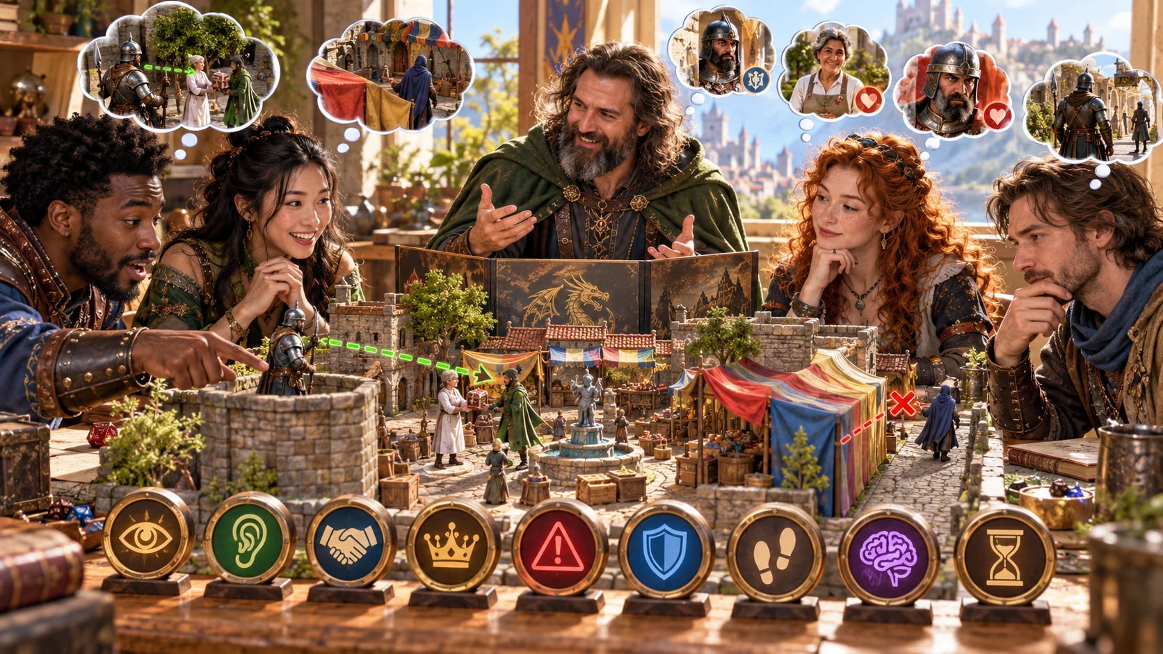 A fantasy game group discusses a miniature market scene with illustrated sightlines and different witness interpretations.